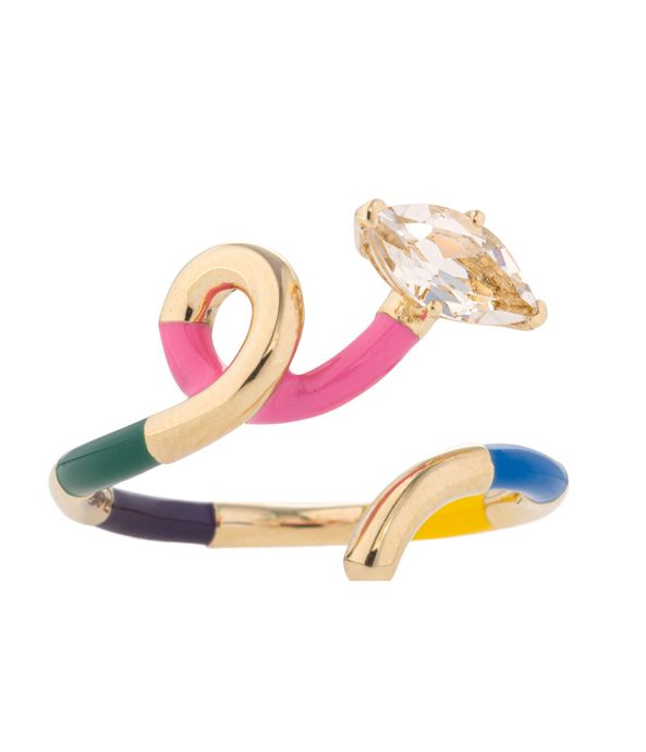 Anel-Bea-Bongiasca-B-multicolour-de-ouro-com-cristal-e-esmalte